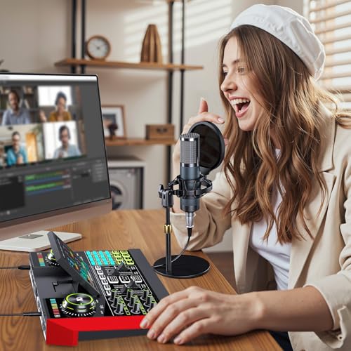 Podcast Equipment Bundle with Live Sound Card Audio Mixer, 3.5mm Condenser Microphone for PC/Phone Streaming and Singing, Podcast Microphone Bundle with Voice Changer sound board