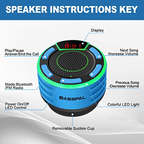 IPX7 방수 스피커, 블루투스 휴대용 무선 샤워 스피커, LED 디스플레이, FM 라디오, 흡착 컵, 조명 쇼, TWS, 수영장 해변 홈 파티 여행 야외용 큰 스테레오 사운드 - color: BLUE
