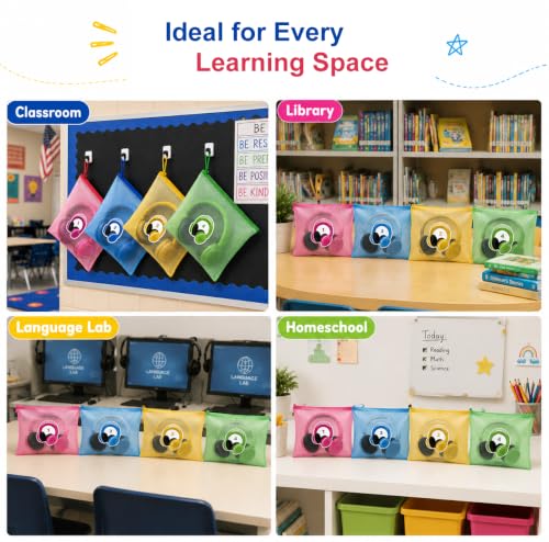24 PCS Classroom Headphone Storage Bags, Large Mesh Zipper Headphone Bags with Loops and Number Labels, Colorful Headset Organizer Pouches for School, Library and Learning Center