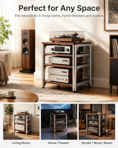4-Tier HiFi Audio Rack, Adjustable AV Stand for Stereo Equipment | 110 lbs Per Shelf Open Cooling Design Metal Support Columns Rubber Feet Fits Amplifier, Receiver, Turntable & CD Player - size: 4-tier