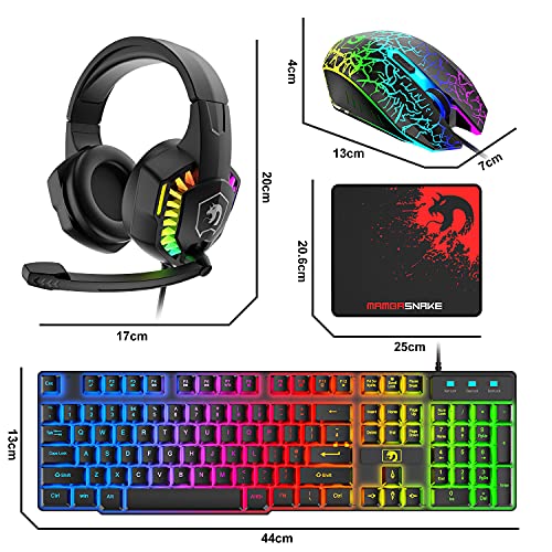 Wired Gaming Keyboard and Mouse Headset Combo,Rainbow LED Backlit Wired Keyboard,Over Ear Headphone with Mic,Rainbow Backlit Gaming Mice,Mouse Pad,for PC,Laptop,Mac,PS4,Xbox(Black) - color: Black