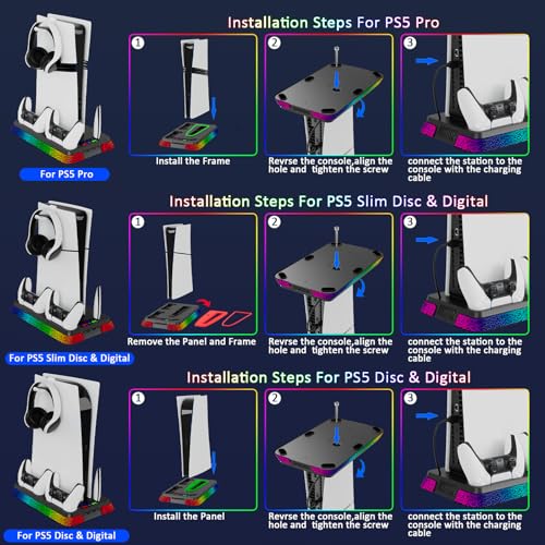 PS5 Stand and Cooling Station with RGB Light, Controller Charging Station, 3-Speed Cooling Fan, Multi-Functional Accessories Kit Compatible with PlayStation 5, PS5 Pro Console - color: Boom-black