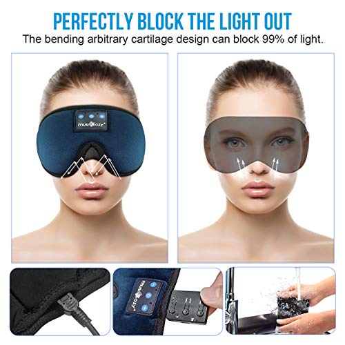 MUSICOZY Bluetooth 5.4 Sleep Headphones Sleeping Eye Mask Earbuds Headband | HD Stereo Sound, Wireless Headphones with Soft Lining Blackout Washable Design for Side Sleepers Travel Meditation Relaxation - color: Navy Blue