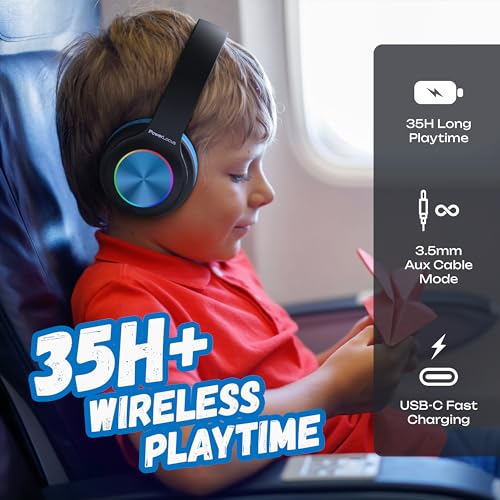 PowerLocus PLED Kids Bluetooth Headphones, Kids Wireless Headphones with LED Lights, 74/85/94dB Safe Volume, Micro SD, AUX Cable, Hi-Fi Stereo, Built-in Mic Over Ear Kid Headphone for Travel/Tablet/PC - color: Black/Blue