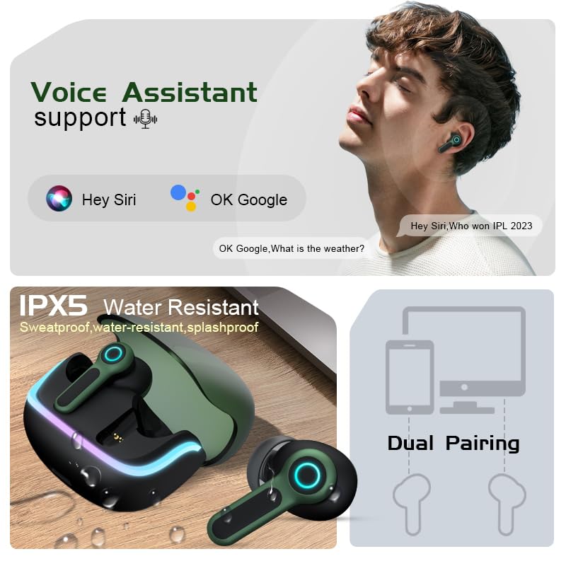G07 Wireless Earbuds with RGB LED Light Gaming Earbuds with 40ms Low Latency Dual Game and Music Mode Earphones Wireless Headphones with 40 Hours Playtime IPX5 Waterproof (Black Moss) - color: color_name