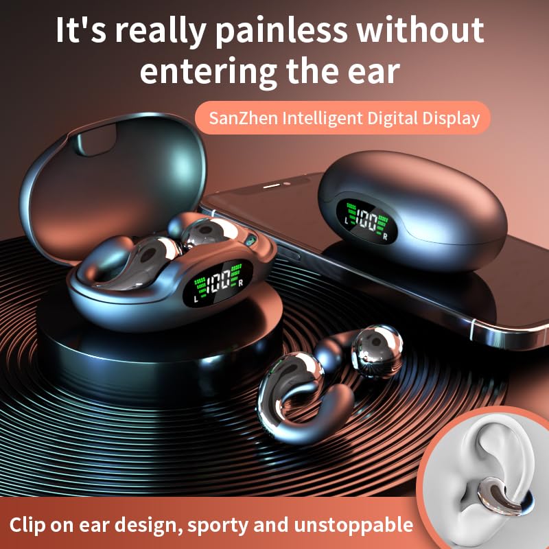 Wireless Earbuds Open Ear Headphones Clip On Earbuds Bluetooth 5.4 Headphones Long Playtime Ear Buds Digital Display Charging Case Noise Canceling Waterproof Sports Earphones