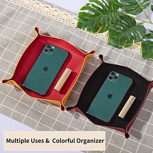 Faux Leather Valet Tray, Yellow + Navy Blue | Travel Nightstand Organizer, Small Jewelry Catchall, For Candy Key Phone Wallet Glasses Headphone Watch - color: Yellow + Navy Blue