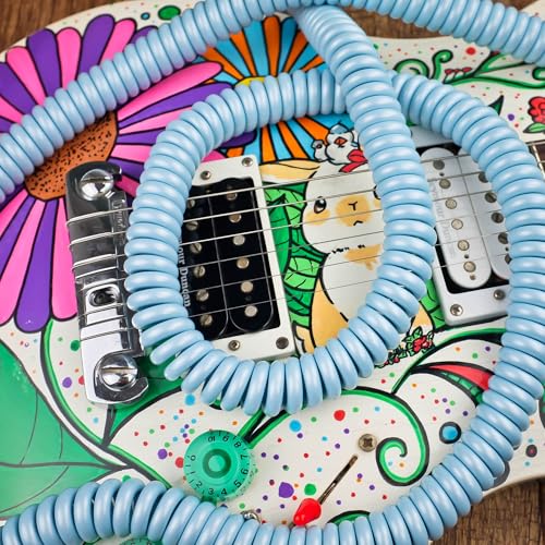 Premium Guitar Coil Cable 30 Feet, Instrument Coiled Curly Cord for Guitar Bass, 1/4 inch Right Angle to Straight, Sonic Blue - size: 30' (Sonic Blue)