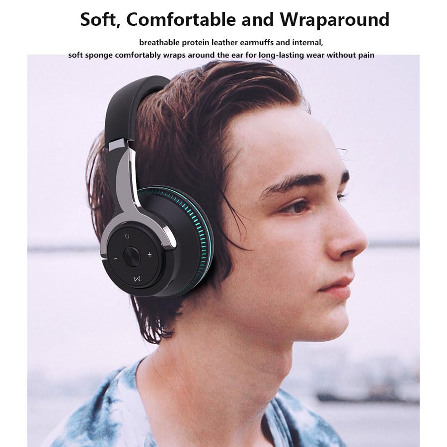 Wireless Headphones, Portable Over Ear Headphones with Mic, Clear Calls, FM Radio, Soft-Earpads, LED Light, Support TF Card Play, Foldable for Travel Home Office Cellphone PC