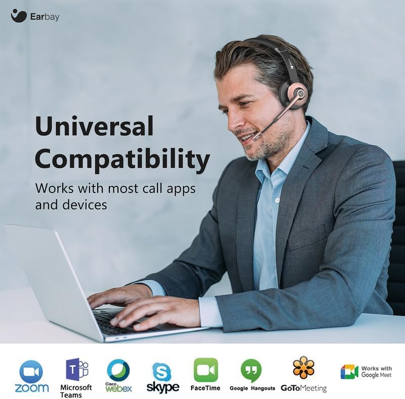 Earbay Wireless Headset - Bluetooth Headphones with Microphone Noise Canceling & Mute, Bluetooth Headset with USB Dongle/Charge Dock for PC Computer Cell Phone Work Office Meetings Call Teams