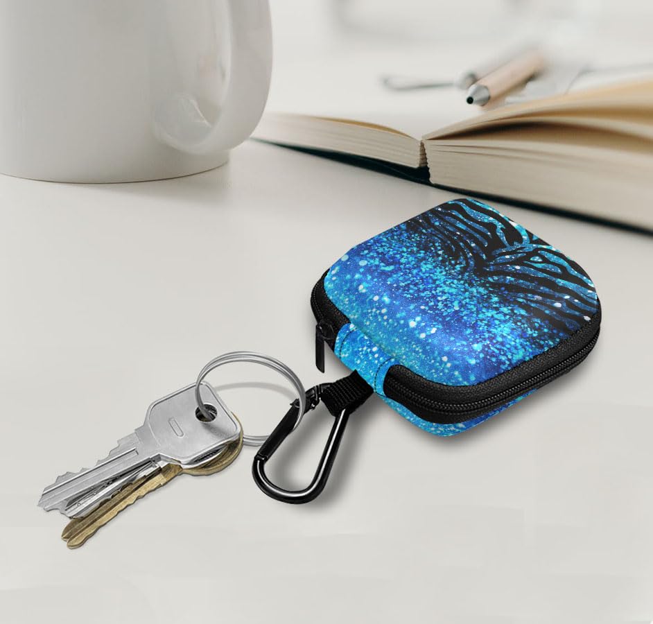 WIRESTER Portable Wireless Headphone Case, Earphone Storage Bag Carrying Case, Earbud Holder with Black Carabiner Compatible with Airpods - Blue Glitter Sparkle with Black Blue Glitter Zebra - color: Blue Glitter Sparkle With Black Blue Glitter Zebra