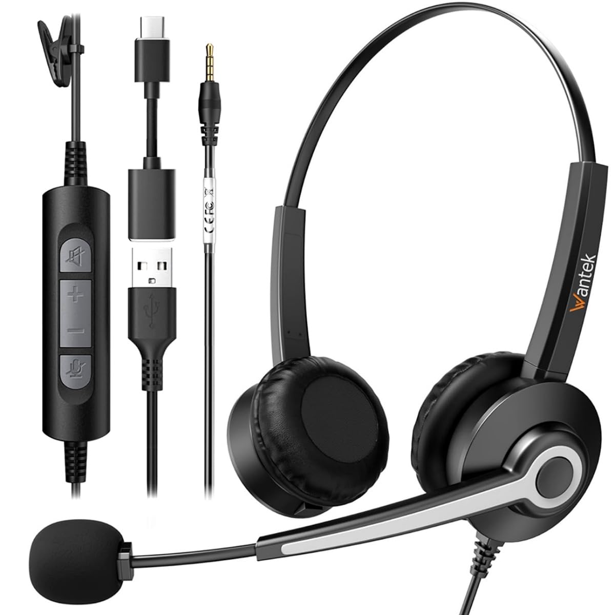 Wantek Headset wtih Mic, USB Headset with Microphone for PC, Computer Headset with Noise Canceling Microphone with Mute for Work Home Office Online Zoom Meetings - color: Black
