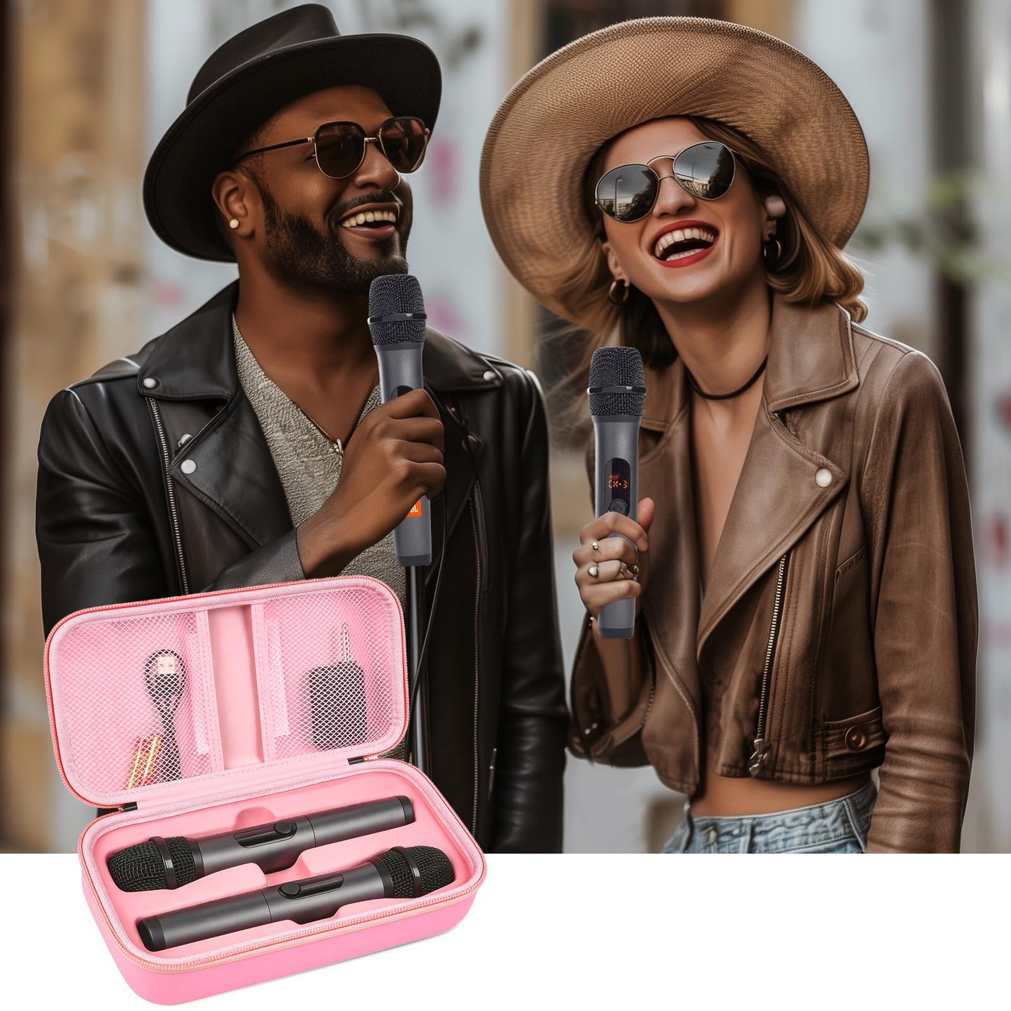 Wireless Microphone Case Compatible with JBL Wireless Two Microphone System, Handheld Dual Mic Travel Bag for Singing or Karaoke for Receivers, Adapters, AA Batteries - color: Pink