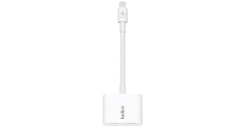 Belkin Lightning Audio + Charge Rockstar, iPhone Lightning Audio Adapter- White | Headphone jack plus Lightning charging pass-through, MFi certified, compatible with iPhone, compact travel adapter - color: White, size: Lightning, style: LGT Audio + LGT Ch