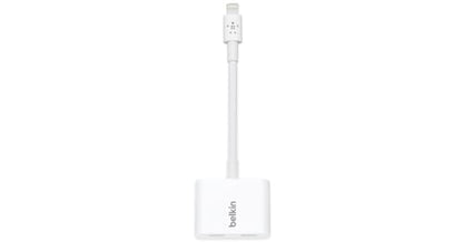 Belkin Lightning Audio + Charge Rockstar, iPhone Lightning Audio Adapter- White | Headphone jack plus Lightning charging pass-through, MFi certified, compatible with iPhone, compact travel adapter - color: White, size: Lightning, style: LGT Audio + LGT Ch
