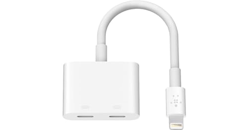 Belkin Lightning Audio + Charge Rockstar, iPhone Lightning Audio Adapter- White | Headphone jack plus Lightning charging pass-through, MFi certified, compatible with iPhone, compact travel adapter - color: White, size: Lightning, style: LGT Audio + LGT Ch