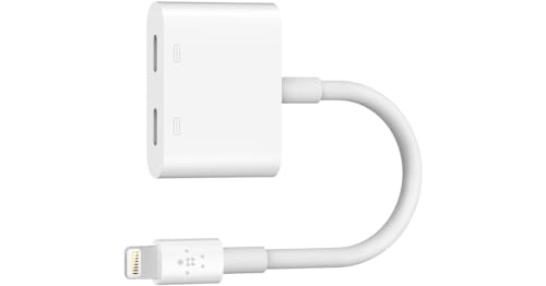Belkin Lightning Audio + Charge Rockstar, iPhone Lightning Audio Adapter- White | Headphone jack plus Lightning charging pass-through, MFi certified, compatible with iPhone, compact travel adapter - color: White, size: Lightning, style: LGT Audio + LGT Ch