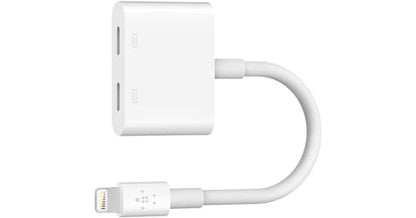 Belkin Lightning Audio + Charge Rockstar, iPhone Lightning Audio Adapter- White | Headphone jack plus Lightning charging pass-through, MFi certified, compatible with iPhone, compact travel adapter - color: White, size: Lightning, style: LGT Audio + LGT Ch