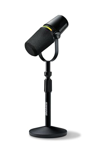 Shure MV7+ USB-C & XLR Podcast Dynamic Mic with Stand - Black | OBS-certified USB-C and XLR dynamic mic with stand, LED touch panel, auto level and pop filter for podcasting