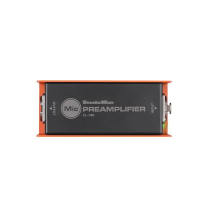 StudioMan CL-100 XLR Preamp for Dynamic Microphones,25dB Gain, Low-Noise Amplifier,Compact Metal Housing, XLR I/O,Orange/Black, Phantom Power Compatible