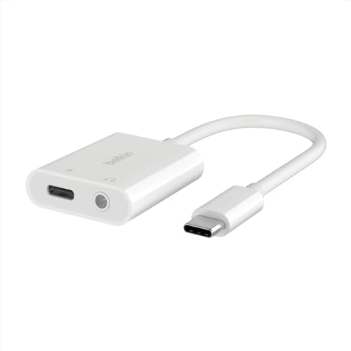 Belkin Rockstar 3.5mm Audio Adapter with USB-C Charge, White | Headphone jack plus USB-C charging pass-through, compatible with iPad Pro, Galaxy, Pixel, LG, Sony Xperia, OnePlus - color: White, size: USB-C, style: 3.5MM AUX Audio + USB-C Charge
