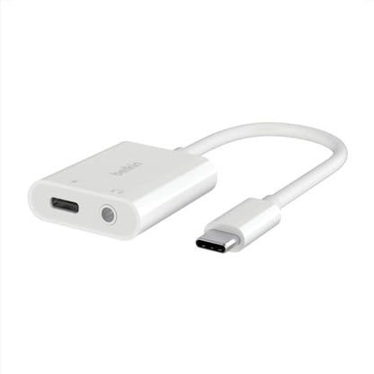 Belkin Rockstar 3.5mm Audio Adapter with USB-C Charge, White | Headphone jack plus USB-C charging pass-through, compatible with iPad Pro, Galaxy, Pixel, LG, Sony Xperia, OnePlus - color: White, size: USB-C, style: 3.5MM AUX Audio + USB-C Charge