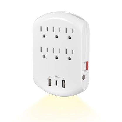 BN-LINK Outlet Extender, Multi Plug Outlets with 6 Outlets 3 USB Ports (3.4A Total), Dusk-to-Dawn Sensor Night Light, Outlet Splitter with Top Phone Holder, for Traveling, Home, School, Office - size: 6 Outlets - Night Light (USB)