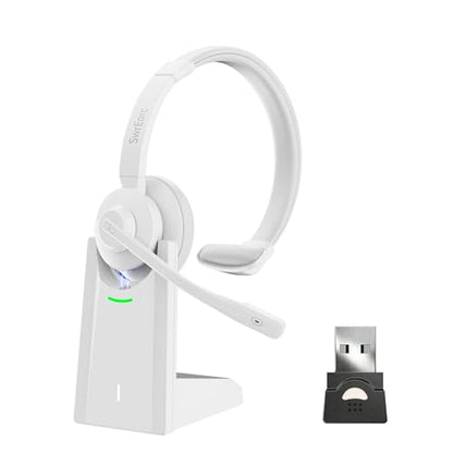 Bluetooth Headset, Wireless Headset with Mic for Work, Advanced AI Noise Cancelling Microphone (Clear Calls & Mic Mute), Bluetooth 5.3, USB Dongle, Headphones with Mic, for PC/Zoom(White) - color: White