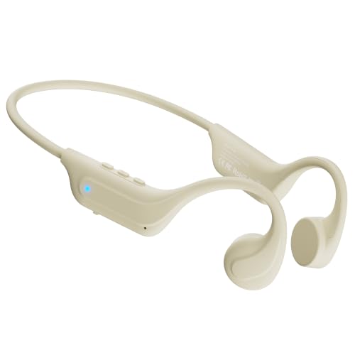 New Bone Conduction Headphones Bluetooth 6.0, Open Ear Earbuds with Mic, Premium Sound, 3 EQ Modes, 10H Playtime, 25g Lightweight, IP65 Waterproof Sports Headphones for Running Cycling Hiking（Beige） - color: Beige