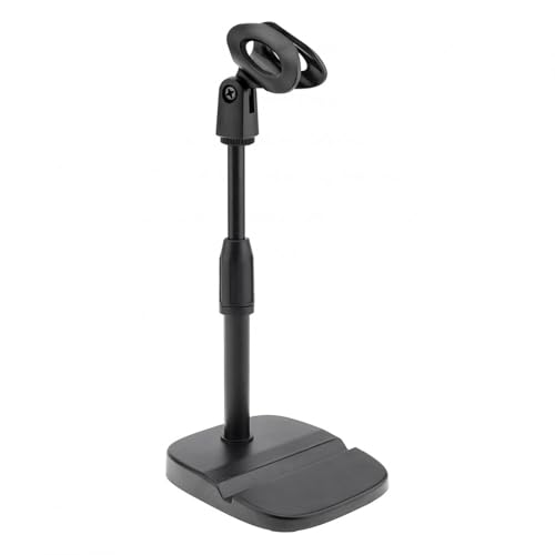RTNLIT Desktop Mic Stand with Phone Holder, 5/8" to 3/8" Screw Adapter | Adjustable Desk Microphone Stand with Mic Clip, Max 1.7 inch Diameter Microphone, Weighted Base, Height 9.8" to 13.4