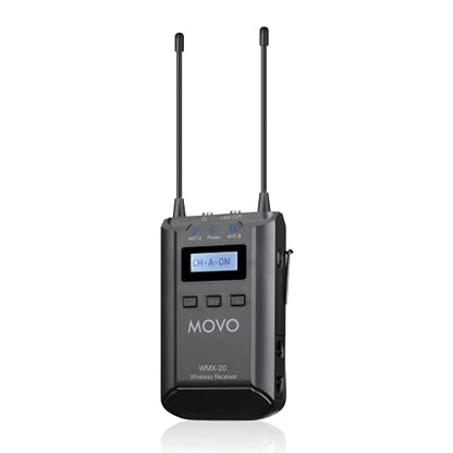 Movo WMX-20-RX Receiver for Wireless Lavalier Microphone System - For WMX-20 UHF Wireless Microphone System - Pairs w/ 2x Lapel Microphone Wireless Transmitters - Headphone Monitoring for Wireless Mic