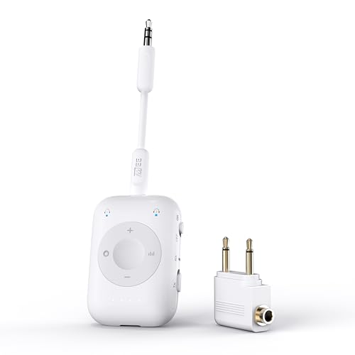MEE audio Connect Air Pro Bluetooth Wireless Audio Transmitter & Receiver for AirPods or Bluetooth Headphones, 2-in-1 Adapter with Detachable Cable 3.5mm Aux Audio Jack for Airplanes, Auto, Gym, White - color: White, style: Connect Air Pro