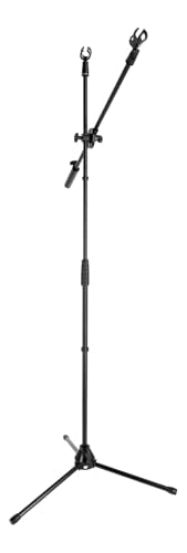Rockville GIGSTAND DUAL V2 Dual Microphone Stand with Heavy Counterweight, Detachable 30" Boom Arm, Adjustable Height (33.5"-65"), Foldable Tripod Base, Includes 2 Mic Clips, Black | Includes 2 Mic Clips, Counter-Weight, Adjustable Height 33.5"-65", Steel