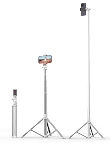 71'' Phone Tripod Stand, Extendable Reinforced Aluminum Phone Stand with Wireless Remote, Stable Cellphone Tripod Compatible with iPhone 14/13/12 Galaxy S23/S22 Huawei (White) - style: 71'' White