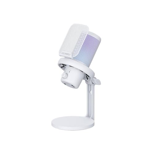 FEELWORLD VM1 USB Condenser Gaming Microphone for Streaming Noise Cancellation Mute RGB Light One-Key Mute Desktop Stand (White)