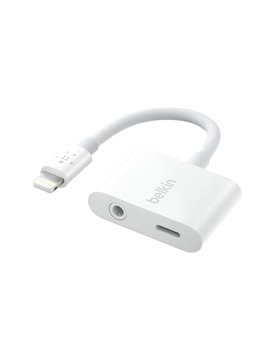 Belkin RockStar 3.5mm Audio + Charge Adapter, 4in, White | Headphone jack plus Lightning charging pass-through, MFi certified, compatible with iPhone, compact travel adapter - color: White, size: Lightning, style: 3.5MM AUX Audio + LGT Charge