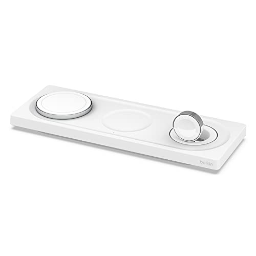 Belkin MagSafe 3 in 1 Wireless Charging Pad, Fast Charger (Renewed) | Apple Watch, iPhone 17/16/15/14, AirPods compatible, fast charging, certified refurbished, multi-device, Magnetic - color: White, style: Certified Refurbished