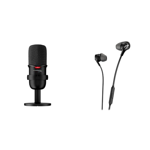 HyperX Cloud Earbuds II – 14mm Drivers, Four Eartips, Hard-Shell Carrying Case, Low-Profile 90° Plug & SoloCast – USB Condenser Gaming Microphone, for PC, PS4, PS5 and Mac, Tap-to-Mute Sensor, Car