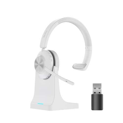 Bluetooth Headset, Wireless Headset with Mic for Work, Bluetooth 5.3, Wireless Headphones with AI Noise Cancelling Microphone (Clear Calls & Mic Mute), USB Dongle, for Computer/PC(White) - color: White