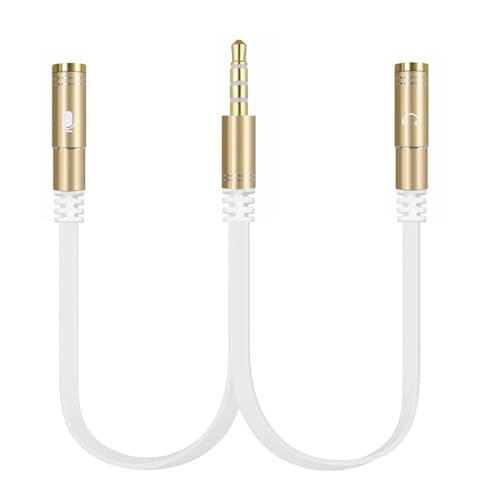 D & K Exclusives 3.5mm Headset Splitter Adapter, 4-Pole Male to Dual 3.5mm Female Jack for Headphone Mic & Audio, Gold-Plated, Compatible with Laptop, PC, Tablet, Gaming, Smartphone – Gold
