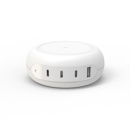 TYLT Hub 100W Multi-Port Power Charging Station, Compact Wireless Fast Charger with 3 USB-C Ports and 1 USB-A Port for MacBook, iPhone, iPad, and Qi Compatible Devices, White