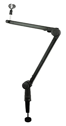 Rockville ROGAN STAND Pro Boom Arm Mic Stand with Fixed Mount, Desk Clamp | Built-in 6.5' XLR Cable, Aluminum, Foldable, No Springs, 5/8" Mic Threads, Safety Locking Pin, 38" Arm, Mic Clip Included
