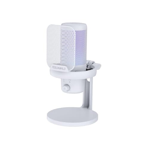 FEELWORLD VM1 USB Condenser Gaming Microphone for Streaming Noise Cancellation Mute RGB Light One-Key Mute Desktop Stand (White)
