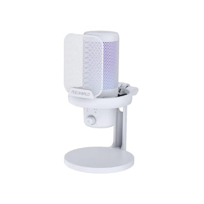 FEELWORLD VM1 USB Condenser Gaming Microphone for Streaming Noise Cancellation Mute RGB Light One-Key Mute Desktop Stand (White)