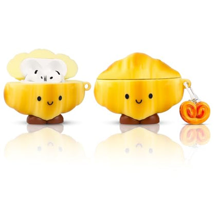 Cute Case for AirPods 4th Generation, for AirPods 4 Wireless Earbuds, XMBYGY Silicone Cartoon Charging Case Shockproof Protective Headphones Cover with Carabiner for Man Woman Teen - color: Croissant