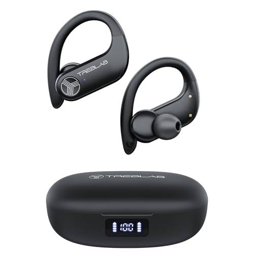 TREBLAB X3-Pro Earbuds Wireless Bluetooth, Earhook IPX5 12H Powerbank | Bluetooth Running Headphones, gaming mode 60ms, wireless charging case, secure earhook, ENC mics, BT 5.3, 9g ultra-light - color: White Logo