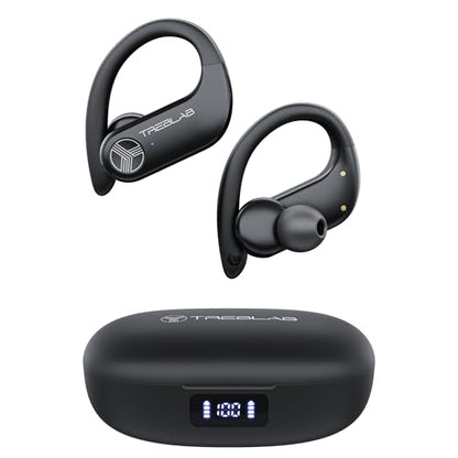 TREBLAB X3-Pro Earbuds Wireless Bluetooth, Earhook IPX5 12H Powerbank | Bluetooth Running Headphones, gaming mode 60ms, wireless charging case, secure earhook, ENC mics, BT 5.3, 9g ultra-light - color: White Logo