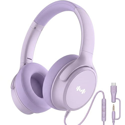 Wired Over-Ear Headphones, Mic, 3.5mm, USB-C Adapter, Purple | Over-ear comfort with inline mic, volume control, 3.5mm jack, and USB-C adapter for phones, laptops, PCs, and tablets. - color: Purple