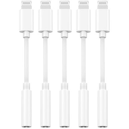 [Apple MFi Certified] 5 Pack Lightning to 3.5 mm Headphone Jack Adapter | iPhone Aux Adapter Converter Dongle Audio Cable Compatible with iPhone 14 13 12 11 X XS 8 7 - color: White-5Pack