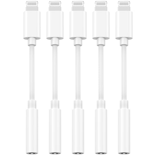 [Apple MFi Certified] 5 Pack Lightning to 3.5 mm Headphone Jack Adapter | iPhone Aux Adapter Converter Dongle Audio Cable Compatible with iPhone 14 13 12 11 X XS 8 7 - color: White-5Pack